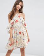 Asos Cold Shoulder Mini Dress With Ruffle Sleeve In Vintage Floral Print - Multi