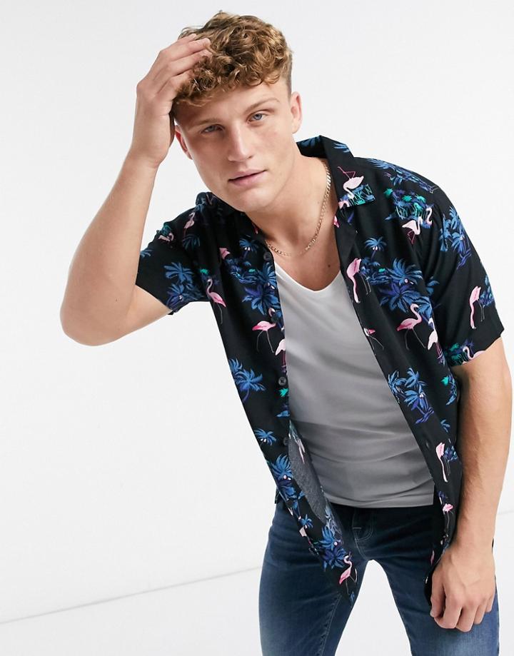 Hollister Flamingo Printed Short Sleeve Rayon Shirt In Black