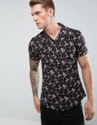 Asos Stretch Slim Shirt With Floral Print And Revere Collar - Black