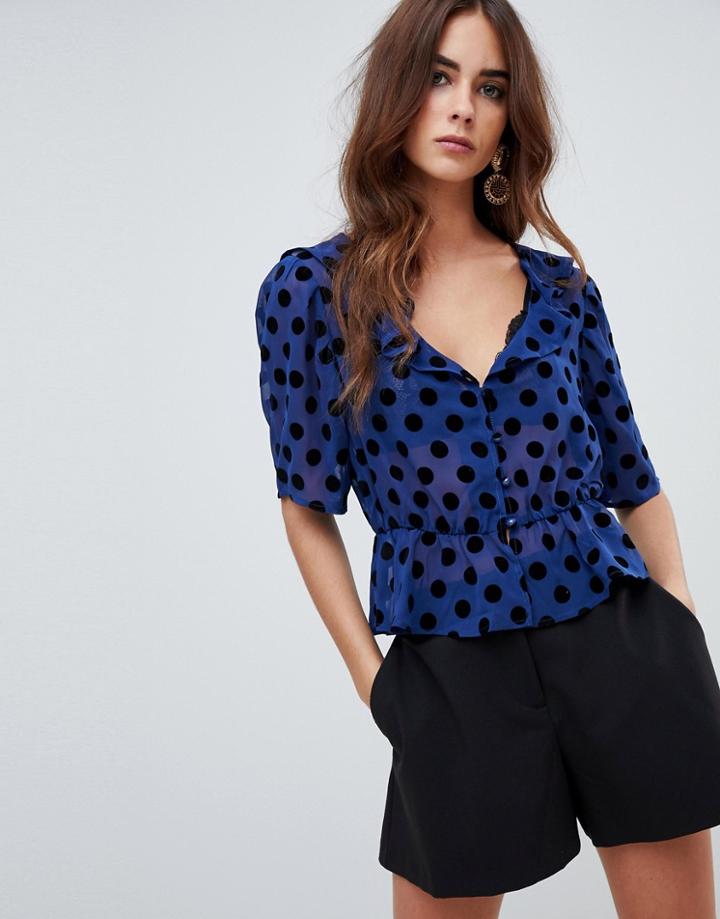 Fashion Union Short Sleeve Top In Polka - Blue