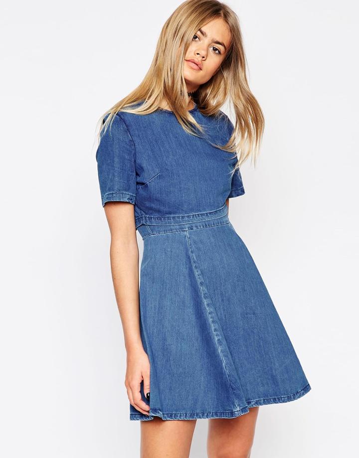 Asos Denim Crop Top Skater Dress - Mid Wash Blue