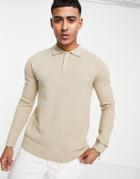 Jack & Jones Premium Knit Textured Long Sleeve Polo In Beige-neutral