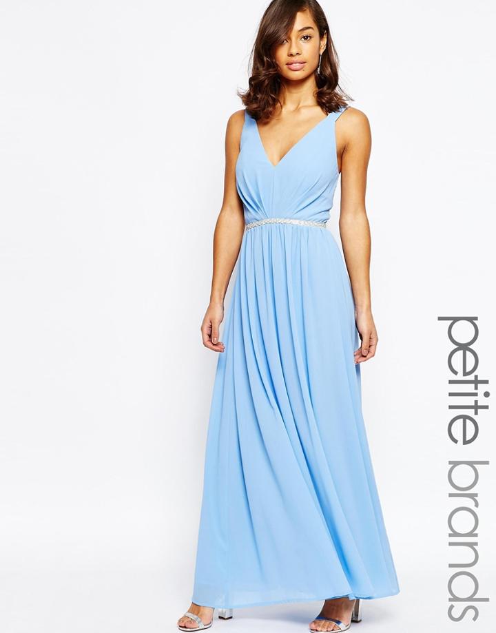 Jarlo Petite V Neck Maxi In Chiffon With Embellished Waist - Blue