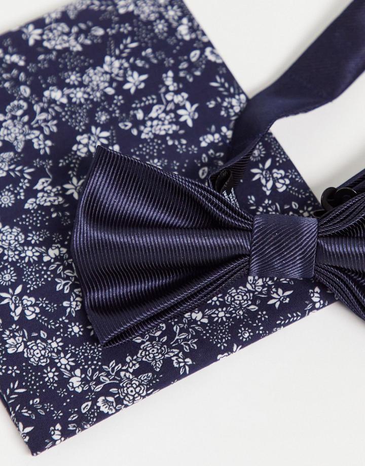 Gianni Feraud Navy Bow Tie And Ditsy Floral Pocket Square Set-blue