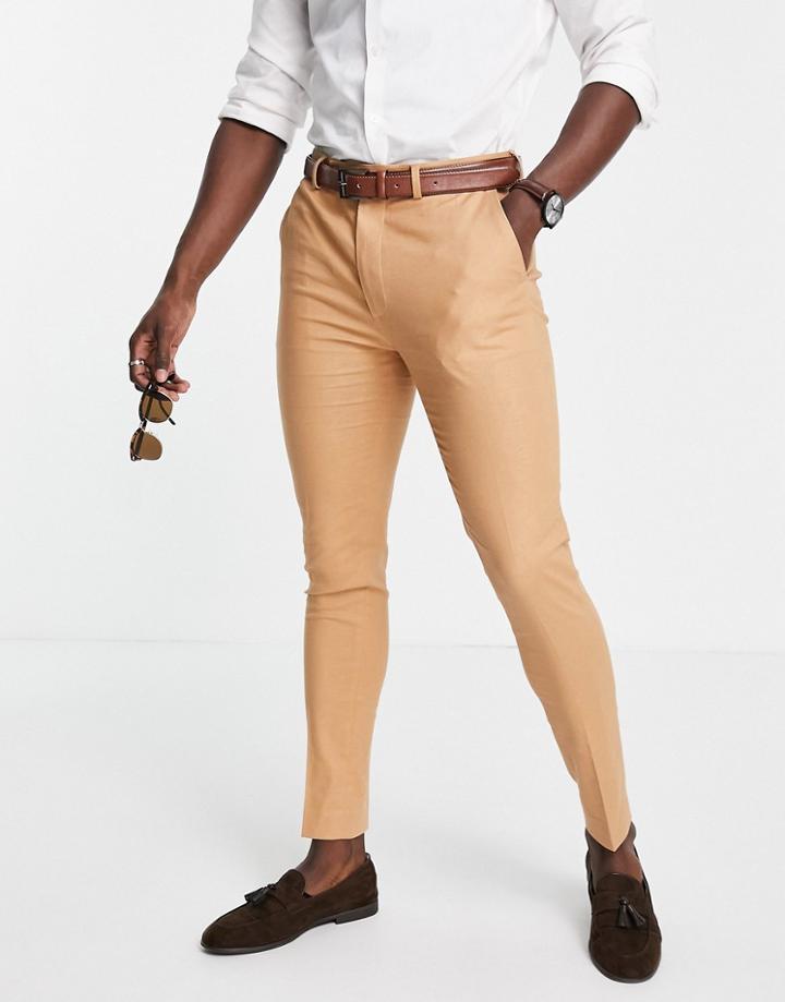 Asos Design Super Skinny Suit Pants In Tan Linen Mix-brown