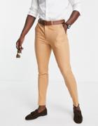 Asos Design Super Skinny Suit Pants In Tan Linen Mix-brown