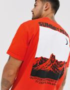 Asos Design Relaxed T-shirt With Roll Sleeve And Moutain Back Print - Red
