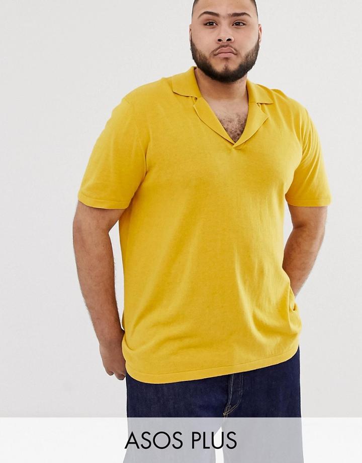 Asos Design Plus Knitted Revere Polo In Mustard-yellow