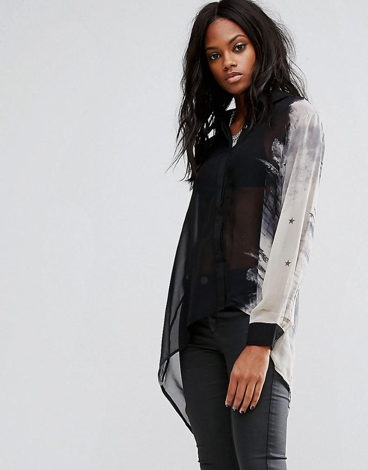 Religion Print Dip Hem Blouse - Black