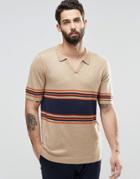 Asos Knitted Stripe Polo In Merino Wool Mix - Beige