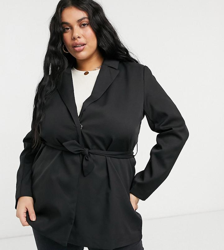 Heartbreak Plus Tie Waist Blazer In Black