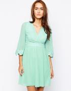 Little Mistress Wrap Front Crochet Detail Dress - Seafoam