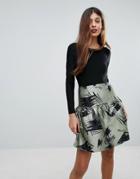 Traffic People Skater Dress With Contrast Printed Skirt - Green