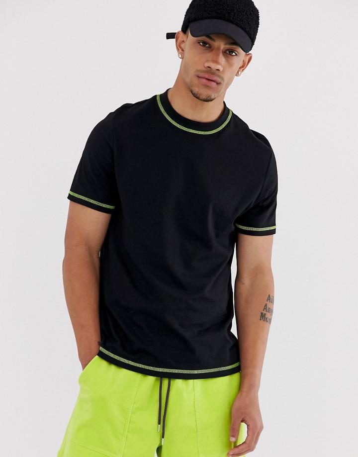 Asos Design Organic T-shirt With Crew Neck In Black With Neon Yellow Flatlocking