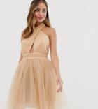 Dolly & Delicious Petite Cross Neck Full Prom Glitter Mini Dress In Tan