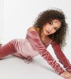 Fashionkilla Exclusive Velour Off Shoulder Drawstring Jumpsuit In Dusty Pink-grey