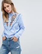 Only Embrodiered Shirt With Frill Detail - Blue