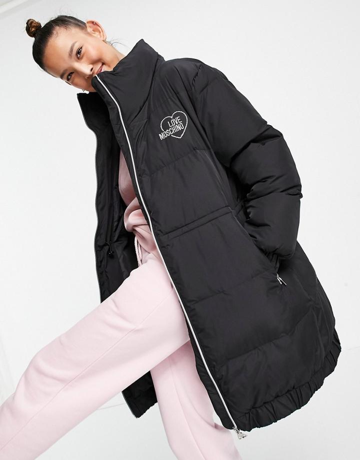 Love Moschino Logo Front Mid Length Quilted Jacket In Black