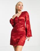 Trendyol Balloon Sleeve Mini Dress In Red Floral Satin Jacquard