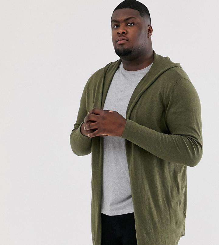 Asos Design Plus Hooded Open Front Cardigan With Curved Hem In Khaki