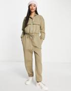 Asos Design Brushed Fleece Half Zip Sweatpants Jumpsuit In Khaki-green
