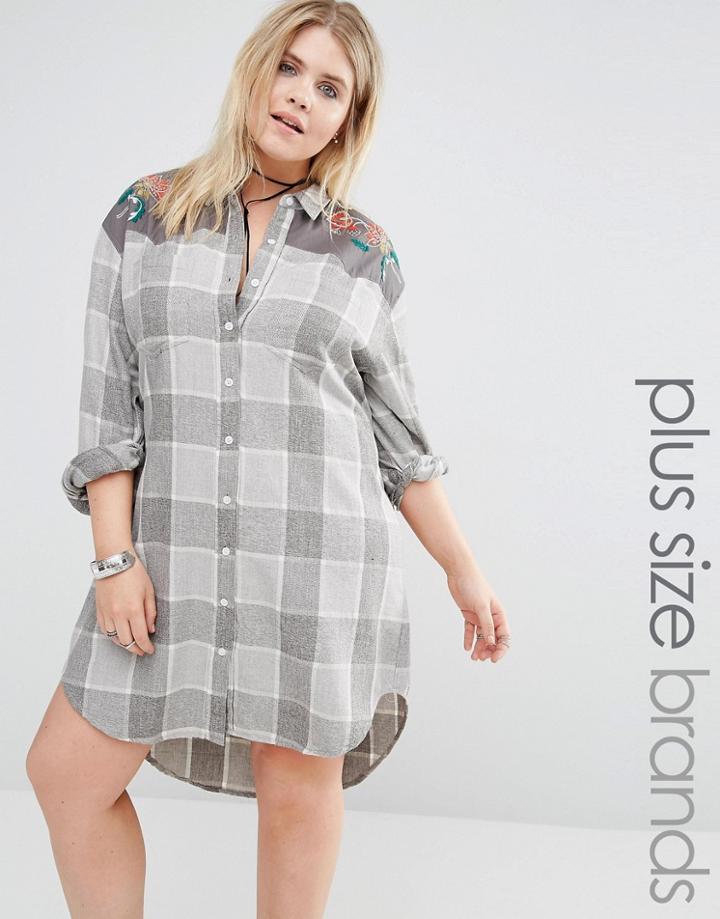 Alice & You Long Oversized Check Shirt With Embroidery - Cream