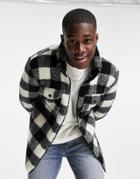 Brave Soul Full Zip Check Sherpa Jacket In Black & Ecru