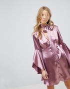 Honey Punch Long Sleeve Tea Dress With Button Front And Neck Tie In Premium Satin - Purple
