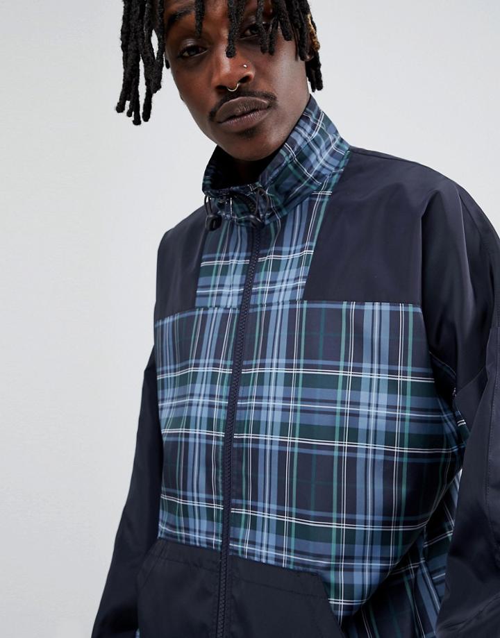 Asos Design Check Windbreaker Track Jacket In Colourblock Navy - Blue