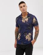 Asos Design Polo With All Over Floral Skull Print - Navy