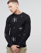 Asos Muscle Long Sleeve T-shirt With Geo-tribal Print - Black