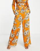 Asos Design Satin Wide Leg Pants In Orange Floral Print - Part Of A Set-multi