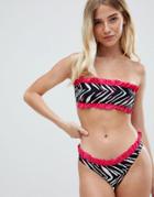 Pistol Panties Zebra Print Bandeau Bikini Set With Contrast Ruffle Trim - Multi