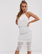 Asos Design Halter Column Fringe And Lace Midi Dress - White