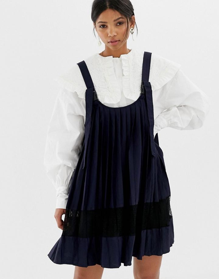 Ghospell Mini Smock Pinafore Dress With Spot Mesh Insert - Navy