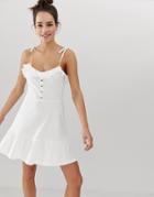 Asos Design Mini Sundress With Button Front And Pep Hem-white
