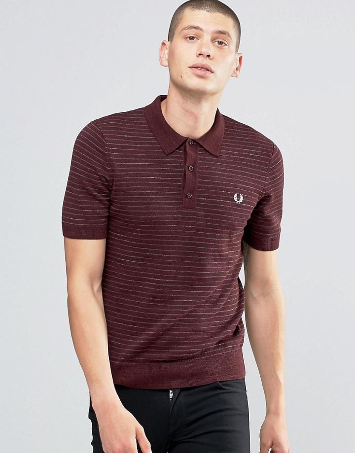 Fred Perry Knitted Polo Shirt With Stripe In Vintage Port Marl - Red