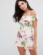 Oh My Love Bardot Romper In Floral Print - Pink