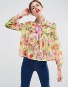 Asos Pleated Floral Blouse With Embellished Pussy Bow - Multi