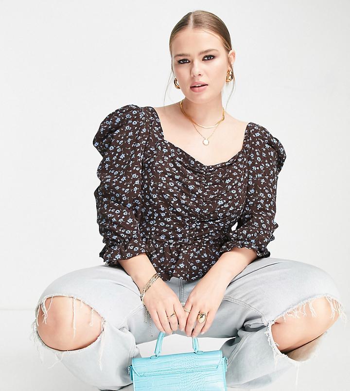 Missguided Plus Ruched Puff Sleeve Peplum Blouse In Black