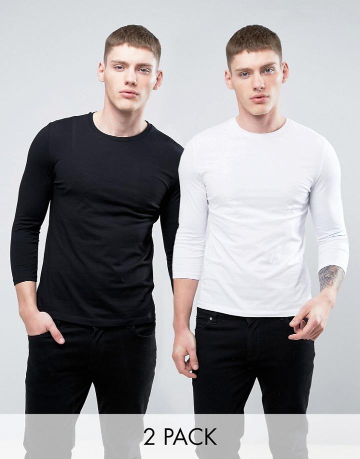 Asos 2 Pack Long Sleeve T-shirt With 3/4 Sleeve In Black/white Save - Multi