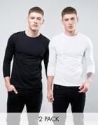 Asos 2 Pack Long Sleeve T-shirt With 3/4 Sleeve In Black/white Save - Multi