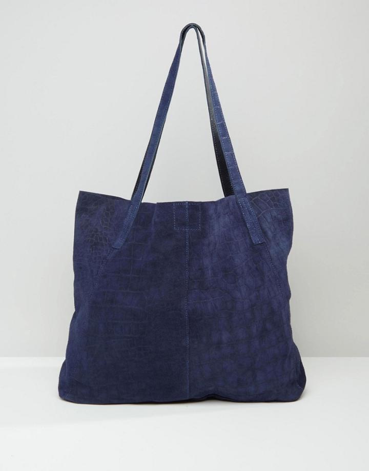 Asos Suede Embossed Croc Shopper Bag - Navy