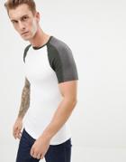 Asos Design T-shirt With Contrast Split Sleeves In White And Curved Hem - White