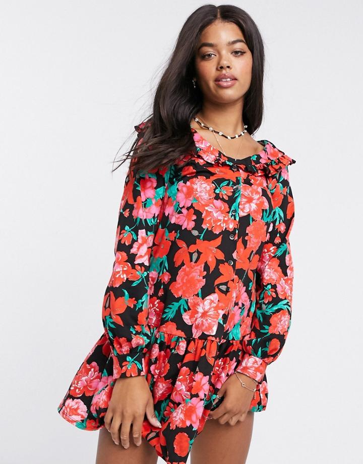 Asos Design Mini Button Through Collared Pep Hem Tea Dress In Red Floral Print