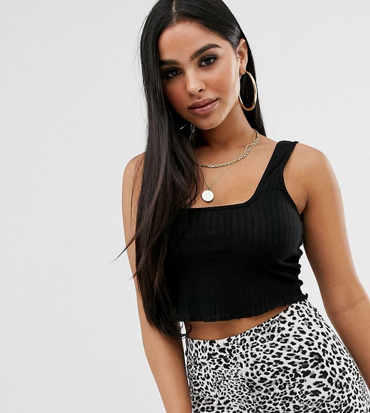 Asos Design Petite Crop Cami With Square Neck And Lettuce Hem In Black