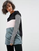 Asos T-shirt With Color Block And Stripe Panels And Superlong Sleeves - Multi
