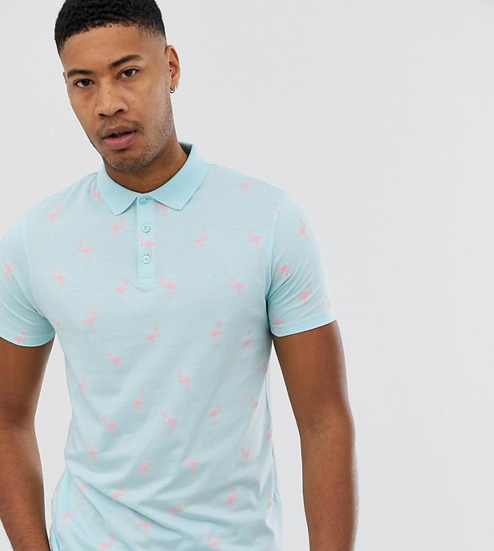 Asos Design Tall Polo With All Over Flamingo Print - Blue