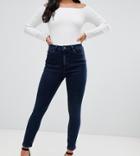 Asos Design Petite Ridley High Waisted Skinny Jeans In Dark Blue Wash
