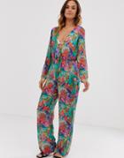 Unique21 Tropical Floral Print Tie Front Jumpsuit - Green